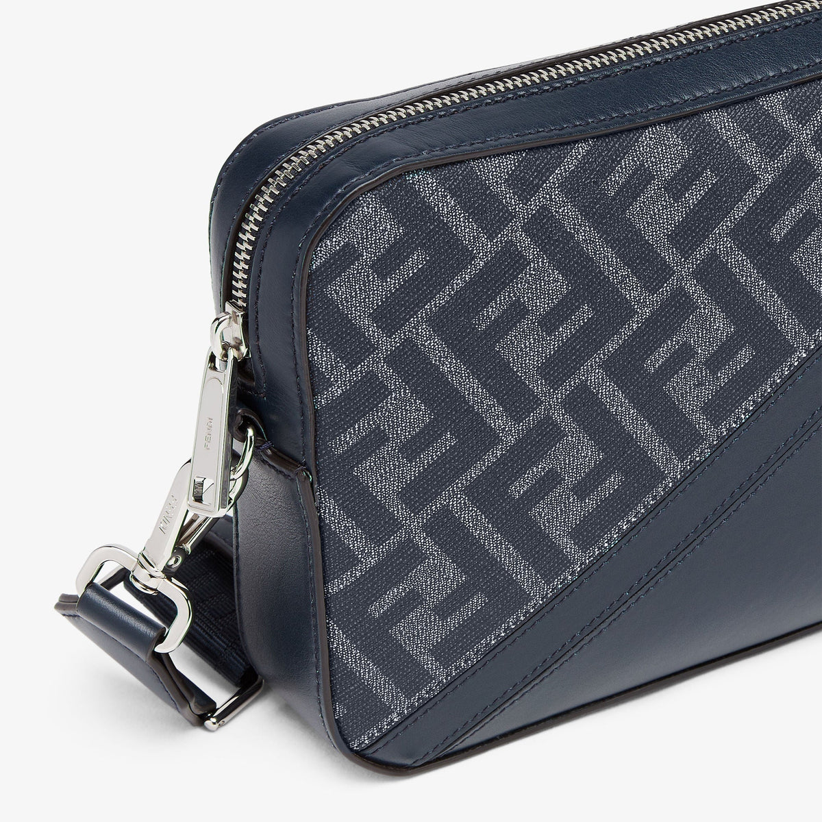 Sac Camera Fendi Diagonal Toile FF Grise et Cuir Bleu Marine