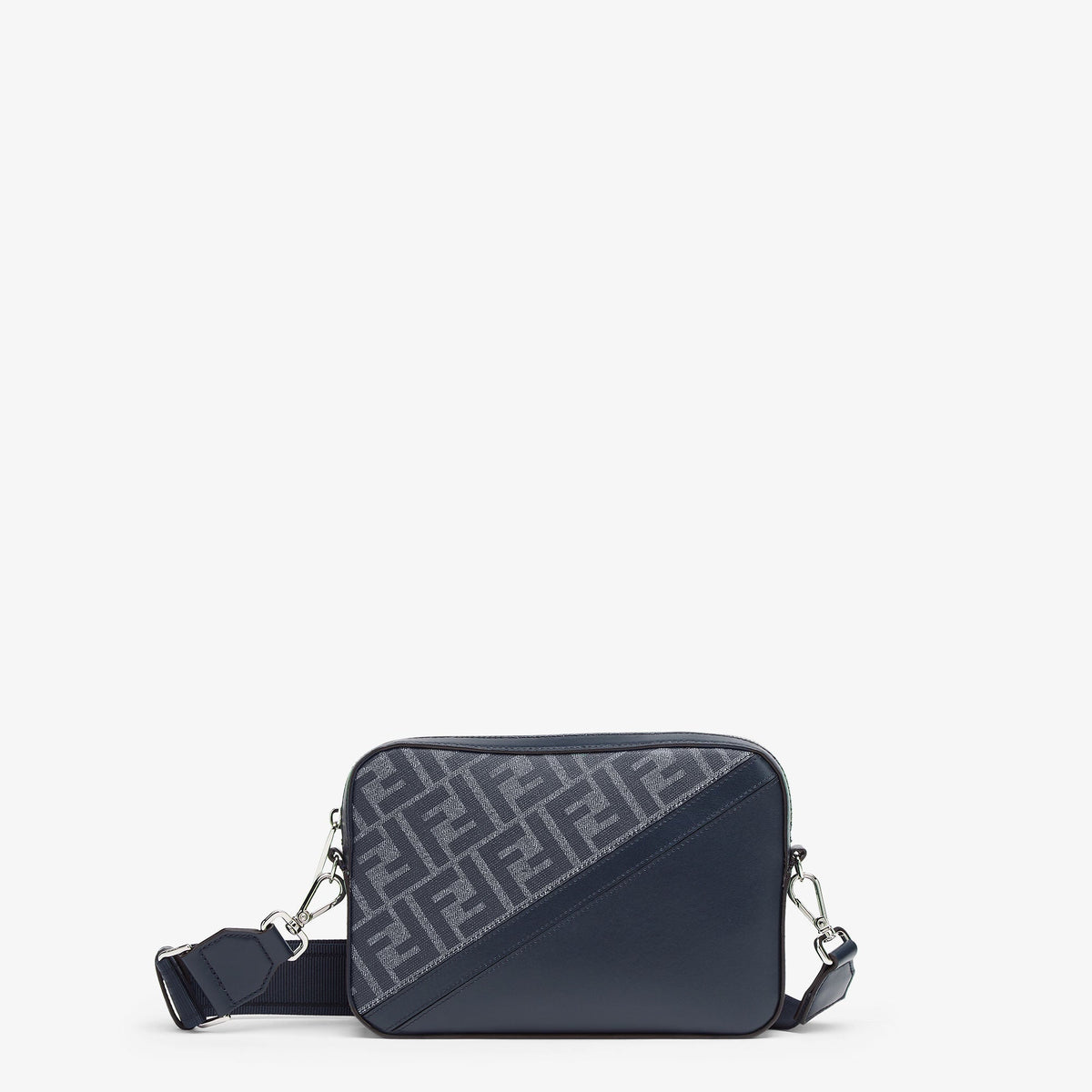 Sac Camera Fendi Diagonal Toile FF Grise et Cuir Bleu Marine